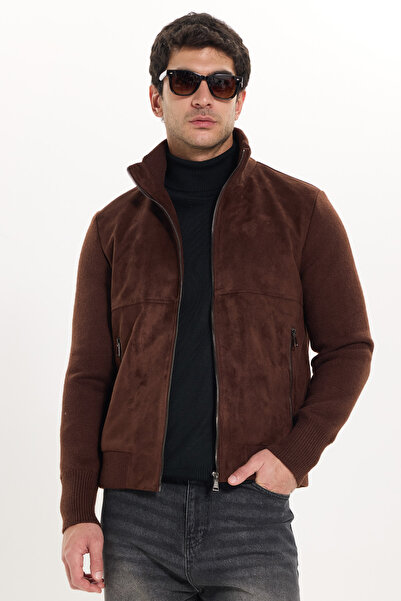 Tudors Men's relaxed fit stand collar zip-up lined faux suede knit jacket wit...