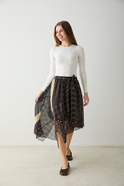 Trendyol Collection Black Plaid Patterned Asymmetrical Midi Chiffon Skirt Two...