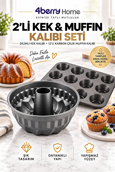 4 Berry 2'li Kek Kalıbı Seti: Dilimli Büyük Kek & 12'li Muffin Kalıbı
