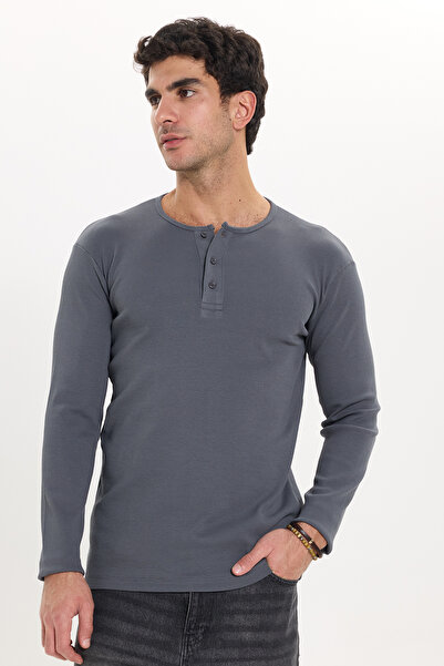 Tudors Erkek Standart Fit Normal Kesim Uzun Kollu Pamuklu Gri Henley Yaka Swe...