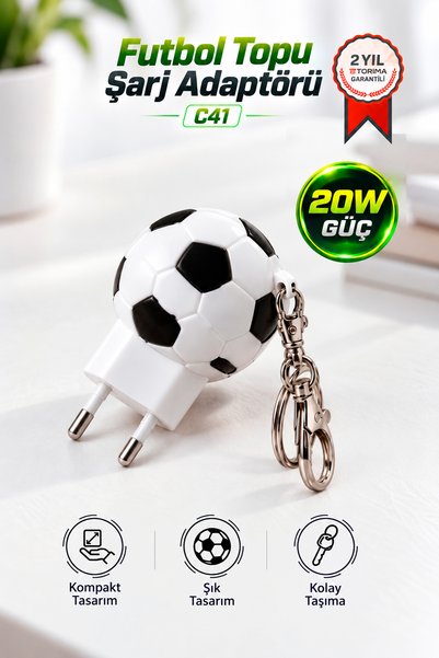 Torima Şarj Adaptörü Futbol Topu Görünümlü Anahtarlıklı 20W Hızlı Şarj Cihazı...