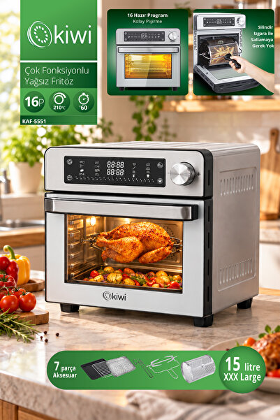 Kiwi KAF-5551 Çok Fonksiyonlu Yağsız Fritöz | 15 L & 16 Program & Döner Sistem