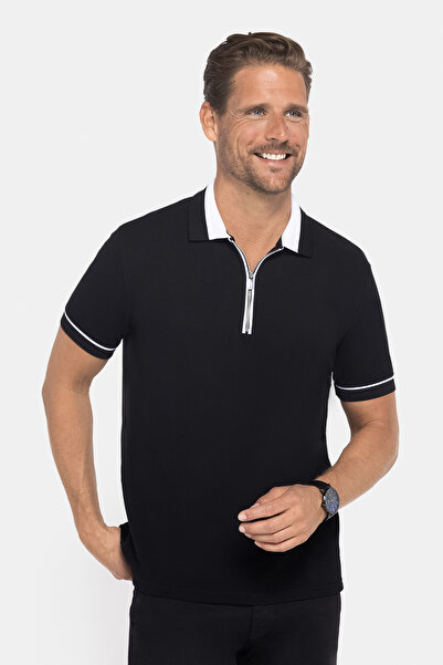 Tudors Erkek Slim Fit Dar Kesim %100 Pamuk Düz Pike Fermuarlı Siyah Polo Yaka...