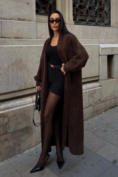BEJNA Cardigan maro ultra moale, relaxat, din tricotaj pentru femei