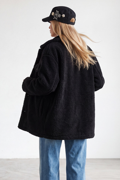 Trend Alaçatı Stili Women's Black Double Pocket Buttoned Front Oversize Plush Jacket Alc-X11149