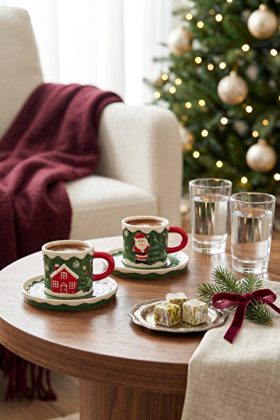 Karaca New Year Yılbaşı Santa House 2 Kişilik Kahve Fincan Takımı 110 ml