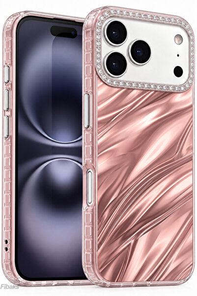 Fibaks iPhone 17 Pro Max/18 Pro Max Kılıf Taşlı Parlak Dalga Desenli Kamera Ç...