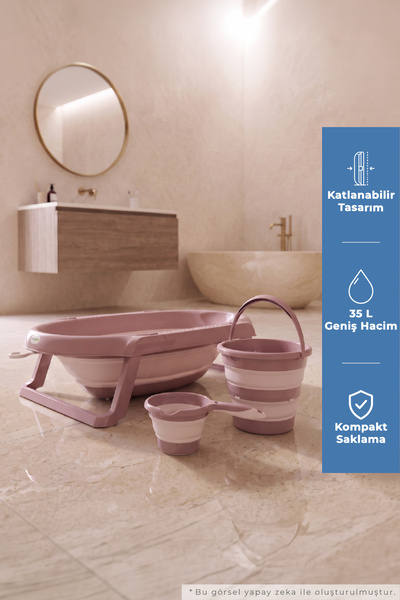 Babyjem Soft Katlanır Bebek Banyo Küvet Seti 3 Parça Somon