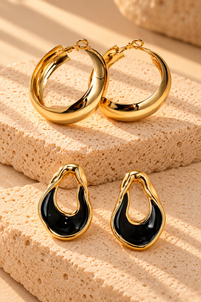 Jack Ferrero Women's Gold Color 2-Piece Earring Set Loop Hoop and Black Ename...
