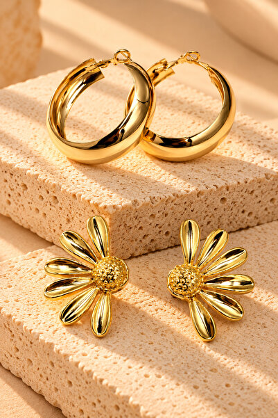 Jack Ferrero Women's Gold Color 2-Piece Earring Set Loop Hoop and Flower Earr...