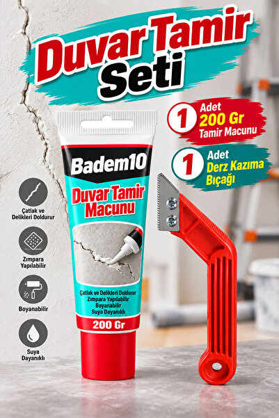 Badem10 Duvar Tamir Seti 200 gr Akrilik Çatlak Delik Dolgu Macunu + 1 Adet De...