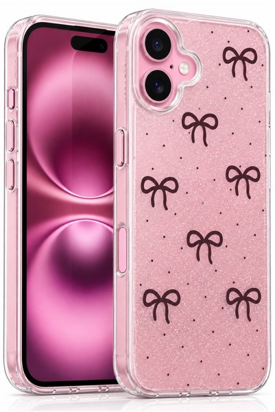 Fibaks iPhone 16 Kılıf Simli Siyah Fiyonk Desenli Renkli Parlak Darbe Emici K...