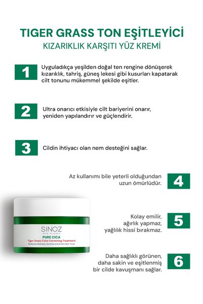 SİNOZ Pure Cica Tiger Grass Anında Ton Eşitleyici Onarıcı Yüz Bakım Kremi 15 ml