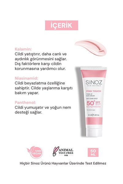 SİNOZ Pink Touch SPF50+ Aydınlatıcı Pembe Yüz Güneş Kremi PA++++ Tüm Ciltler için 50ml