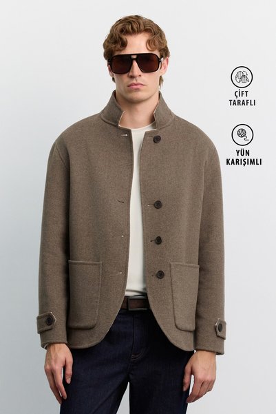Avva Men's Brown Wool Blend Double-Sided Soft Knit Cashmere Coat A62Y6104