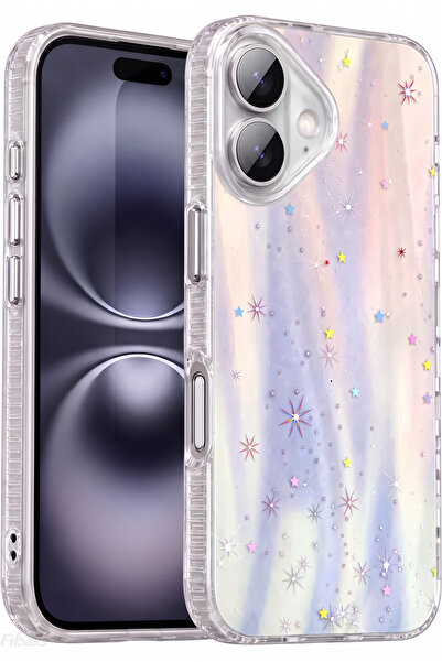 Fibaks iPhone 17 Kılıf Hologramlı Yıldız Işıltısı Desenli Şeffaf Silikon | İç...