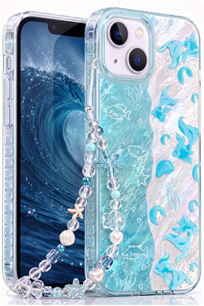 Fibaks iPhone 13/14/15 Kılıf Hologramlı Çift Renk Charmlı Deniz Balık Desenli...