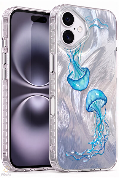 Fibaks iPhone 16 Kılıf Hologramlı Denizanası Desenli Şeffaf Silikon | İçten B...