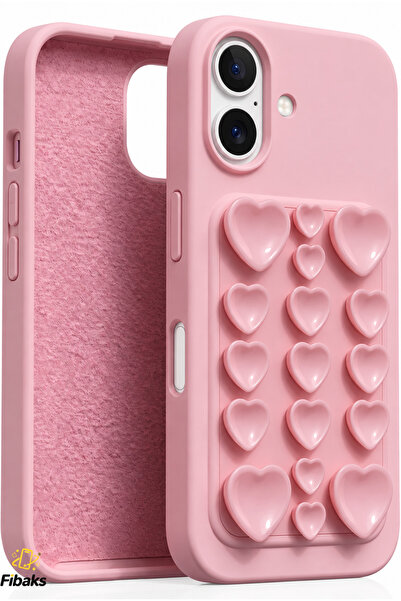 Fibaks iPhone 16 Kılıf Kendinden Vakumlu İçi Kadife Kalp Desenli Soft Silikon...