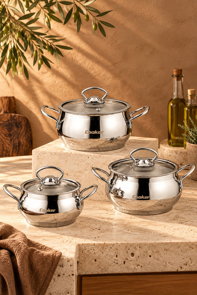 Cooker Lara 3'Lü Paslanmaz Çelik Güveç Tencere Seti (12-14-16 Cm)