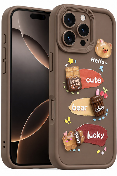 Fibaks iPhone 16 Pro Kılıf Tasarımlı Desenli Kamera Korumalı Ayıcık Kahve Yum...