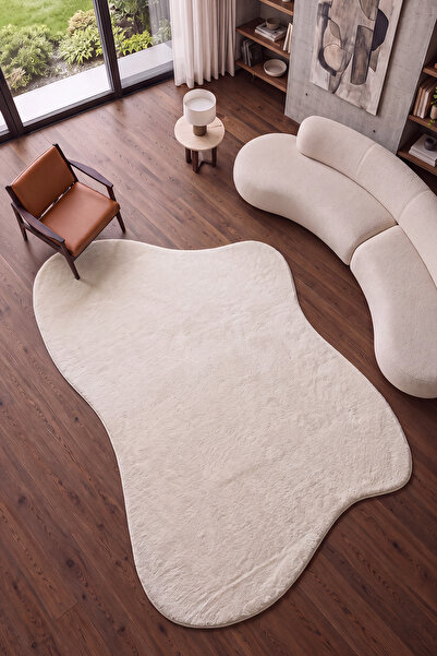 Cool Halı Puffy Krem Rengi Kalın Yumuşak Amorf Minimalist Bohem Puf Asimetrik...