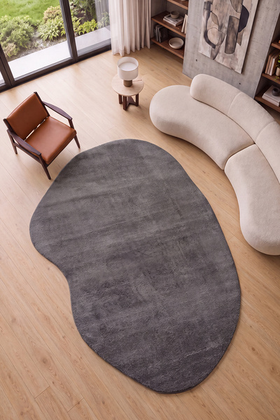 Cool Halı Puffy Antrasit Koyu Kalın Yumuşak Amorf Minimal Peluş Modern Şekill...