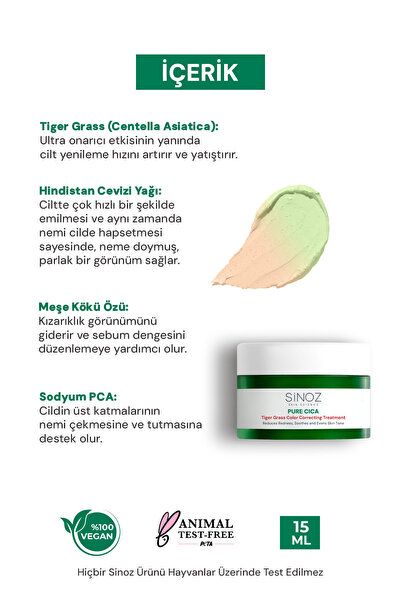 SİNOZ Pure Cica Tiger Grass Anında Ton Eşitleyici Onarıcı Yüz Bakım Kremi 15 ml