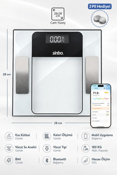 Sinbo SBS 4476 Bluetooth Akıllı Dijital Baskül, Vücut Analizli, 180 kg Kapasi...