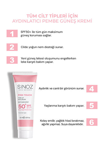 SİNOZ Pink Touch SPF50+ Aydınlatıcı Pembe Yüz Güneş Kremi PA++++ Tüm Ciltler için 50ml