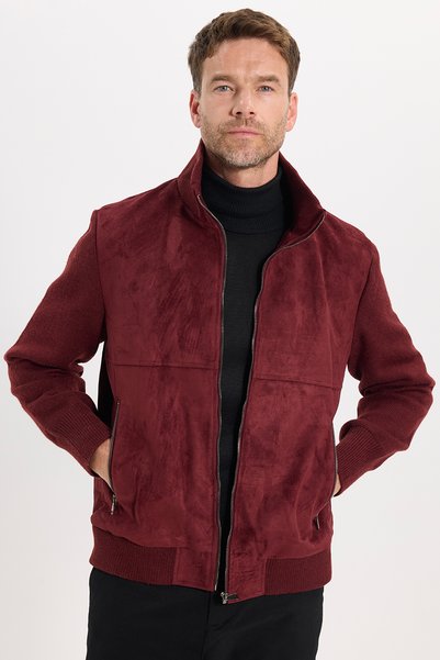 Tudors Men's relaxed fit stand collar zip-up lined faux suede knit jacket wit...