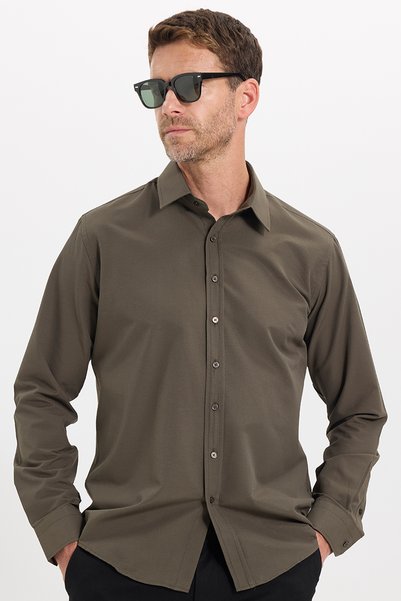 Tudors Erkek Modern Fit Dar Kesim Pamuklu Uzun Kollu Kravatlık Armürlü Haki G...