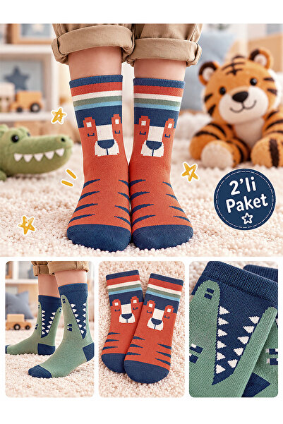 Denokids Șosete pentru băieți, cu model tigru și crocodil, din bumbac, albast...