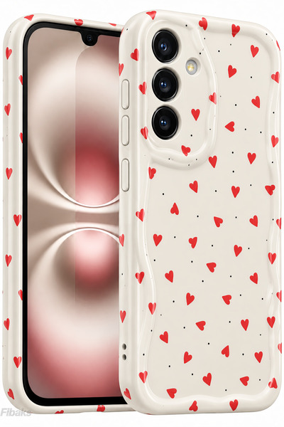 Fibaks Galaxy A15 Kılıf Kamera Korumalı Dalga Kenarlı Kırmızı Kalp Desenli Si...