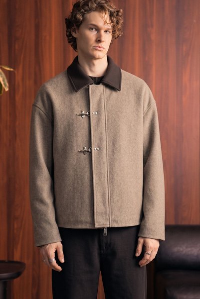 ablukaonline Men's Relax Fit Metal Buckle Contrast Collar Cashmere Jacket Mink