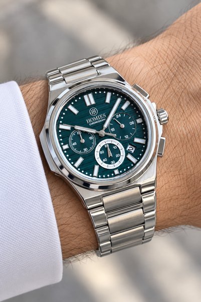 Homies Men's Wristwatch Silver Color Petrol Green Dial with Function and Cale...