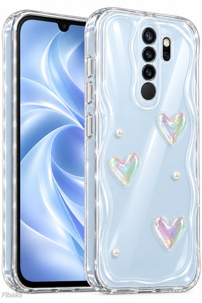 Fibaks Redmi Note 8 Pro Case 3D Heart Pearl Design Patterned Transparent Sili...