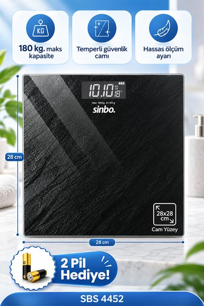 Sinbo Sbs-4452 Dijital Banyo Baskülü Sıcaklık Göstergeli 28x28cm Büyük Boy