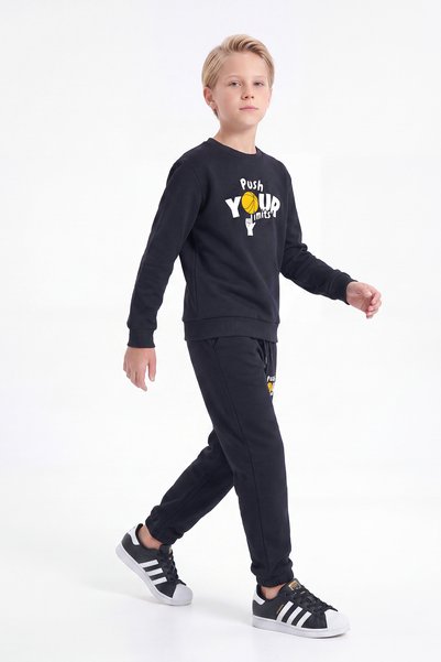 FYK KİDS 3 Thread Printed Boys' Double Pocket Crew Neck Sweatshirt Set