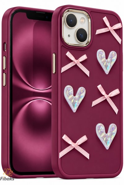 Fibaks iPhone 13/14 Kılıf Kamera Çıkıntılı Kalpli Fiyonk Desenli Bordo Yumuşa...