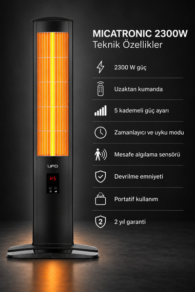 UFO Micatronic 2300w Uzaktan Kumandalı Infrared Devrilme Emniyetli Taşınabilir Termostatlı Dikey