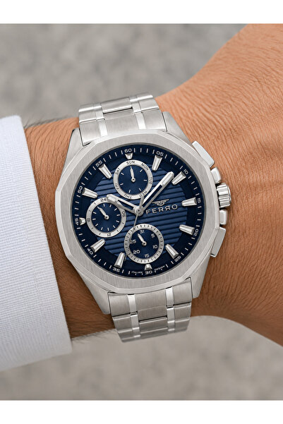 FERRO Silver Steel Band Men's Wristwatch Fm43023Awt-A6 All Functions Active 3...
