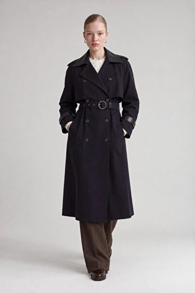 Levidor Leather Fabric Detailed Trench Coat Navy Blue