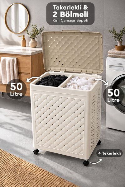 Meleni Home 100Lt Tekerlekli Çamaşır Sepeti - Katlanabilir İki Bölmeli Havala...