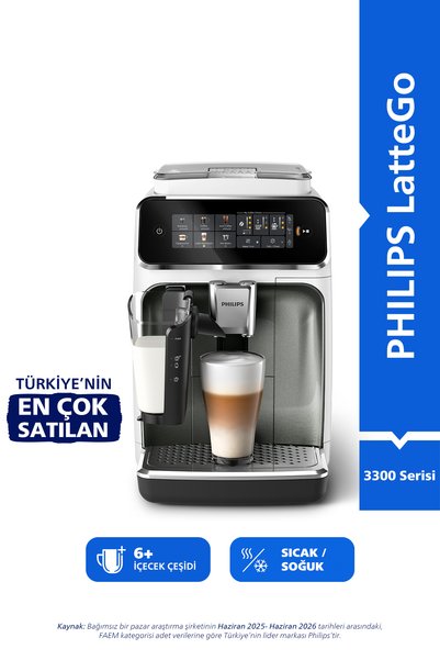 Philips 3300 Serisi LatteGo Tam Otomatik Espresso Makinesi, AquaClean Filtre, 6 İçecek Hazırlama, EP3343/50