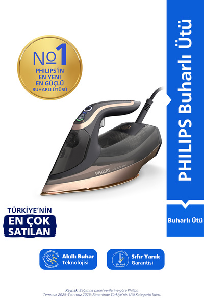 Philips 8000 Serisi Azur Buharlı Ütü, Sıfır Yanık, 260g Turbo şok buhar, 110 g/dk, 3000W, DST8070/80