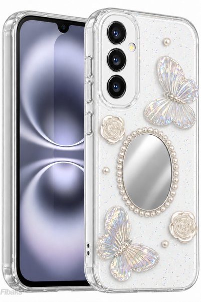 Fibaks Galaxy A57 Kılıf 3D Kelebek Gül Desenli Aynalı Simli Şeffaf Tasarımlı ...