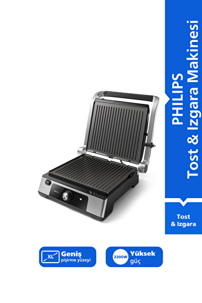 5000 Serisi, 2200W, Izgara ve Tost Makinesi, Yapışmaz döküm plaka, Izgara için Tam Açılır, HD6301/90