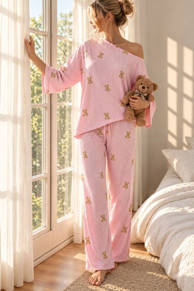 BELLA NOTTE Pink Striped Teddy Bear Patterned Boat Neck Pajama Set