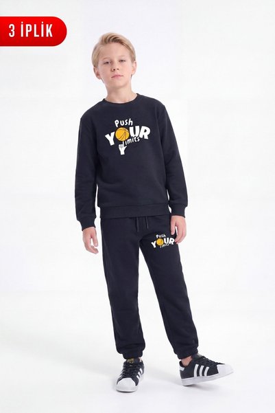 FYK KİDS 3 Thread Printed Boys' Double Pocket Crew Neck Sweatshirt Set